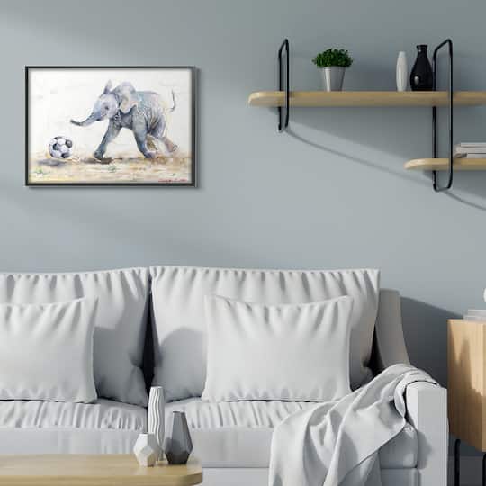 Stupell Industries Elephant Baby Playing Soccer Adorable Jungle Animal in Frame Wall Art